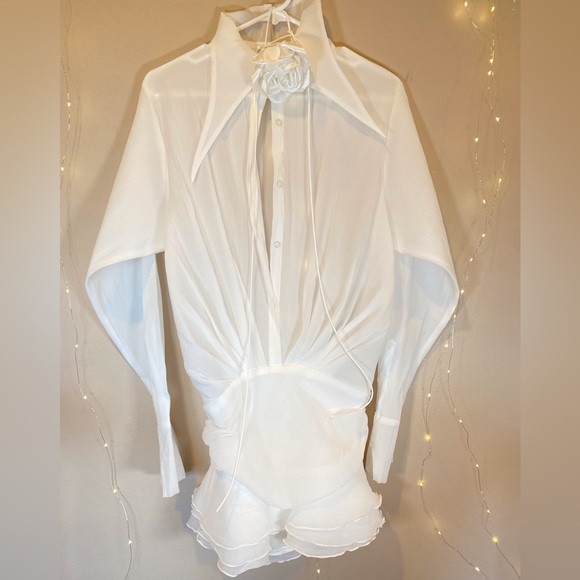 Pleated Chiffon White Mini Dress Melrose Shirt Dress - Picture 4 of 6